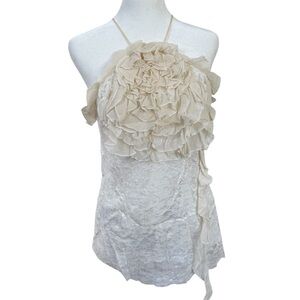 BCBGMAXAZRIA Lace Ruffle Silk Halter Top Sz S Ivory Cocktail Femme Romantic Luxe